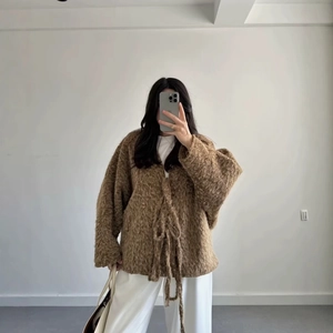 Brown fluffy knit cardigan for women with tie-front closure and oversized casual fit