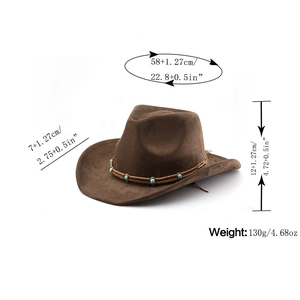 Chapeau de cow-boy en suédine marron avec perles turquoise et dimensions précises