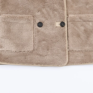 Detailed close-up of khaki faux shearling jacket featuring leather trim and resin buttons