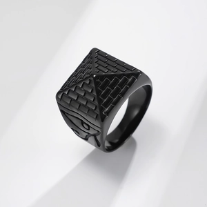 Vintage black titanium steel signet ring with Egyptian pyramid and Eye of Horus design