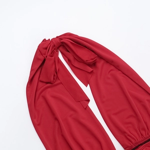 Detail view of the red dress necktie knot with elegant bow design on plain white background