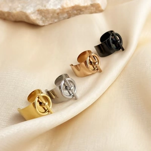 Minimalist Stainless Steel Open Ring For Women Wide Band T-Bar Circle Toggle Ring Gold Silver Black Adjustable Finger Jewelry