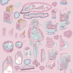 Anime maid character stickers with pink gothic aesthetic elements and sharp illustrations