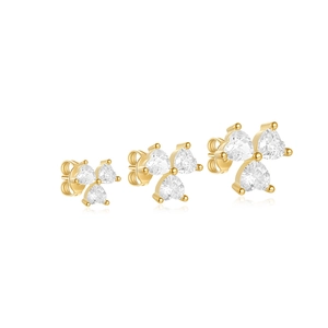 Detailed view of three sizes of clover heart earrings with white zircons in gold finish
