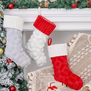 Faux rabbit fur Christmas stockings with diamond pattern in grey, white and red colors