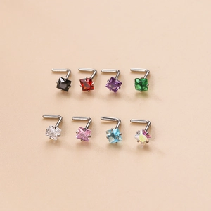 L-shaped nose studs set with 3mm square cubic zirconia in eight assorted vibrant colors