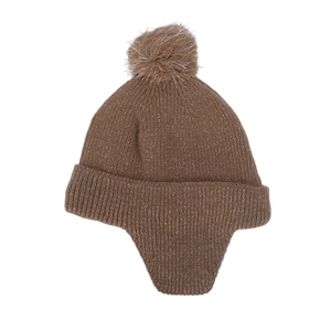 Detail of brown knit baby winter hat with silver lurex thread and fluffy pom-pom