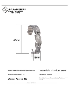 Detailed specs of titanium steel feather cuff bangle featuring size 60x15mm and 19g weight