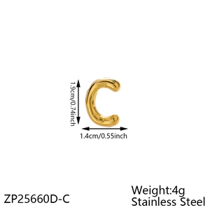 Detail view of a golden bubble letter C pendant with specific size and weight dimensions