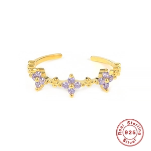 Minimalist S925 sterling silver open ring with purple zircon flower petals in gold finish