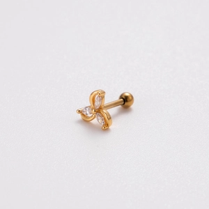 Macro shot of gold stainless steel cartilage stud with marquise zircon flower petal detail
