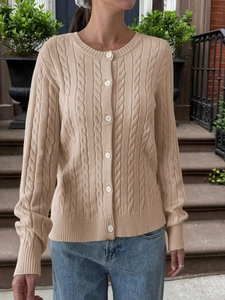 Damen Zopfstrick Strickjacke Rundhalsausschnitt Geknöpft Langarm Lässig Viskosemischung Herbst Winter Oberbekleidung
