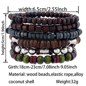 Detailed view of layered wood bead bracelets with specific size and material specifications
