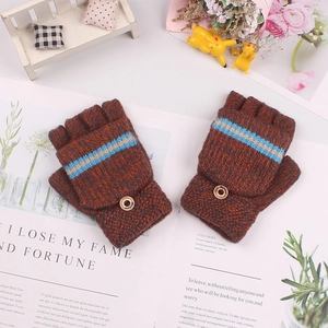 Close-up of brown knit convertible gloves with button detail and striped wrist cuffs