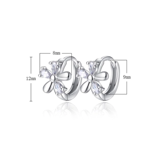 Detail showing dimensions of silver flower hoop earrings with zircon and 12mm height