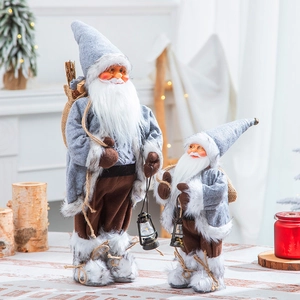 Blue plush Santa Claus figurines in large and small sizes for Christmas home decor