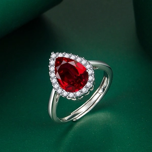 Luxury pear-cut red gemstone ring with halo zircons and adjustable silver band