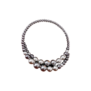 Double-layered dark grey faux pearl necklace with gradient sizes and metallic spacer beads