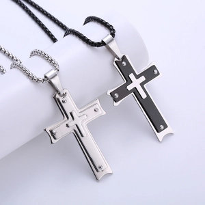 Men's minimalist triple-layer stainless steel cross pendant necklaces in silver and black