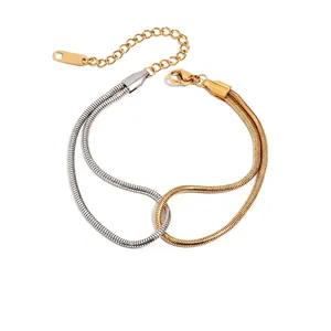 Stainless Steel Two Tone Snake Chain Bracelet For Women Adjustable Gold Silver Geometric Mixed Color Fashion Link Bracelet Jewelry