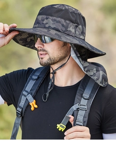Detail view of camouflage sun hat with breathable side mesh and protective neck flap