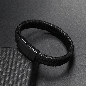 Men's minimalist black woven leather bracelet with matte black magnetic metal clasp
