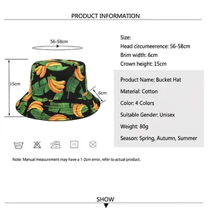 Banana print reversible cotton bucket hat for men and women with detailed size chart