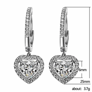 Sparkling silver heart drop earrings with zircon crystals measuring 25mm in total length