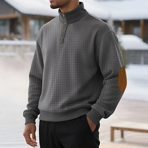 Men's dark grey checked knit henley sweater with buttons and brown elbow patches