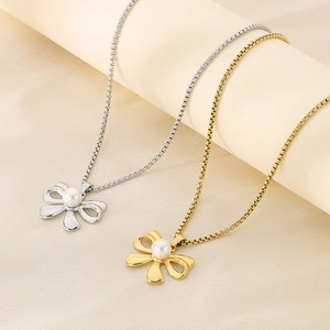 Elegant Bowknot Shell Artificial Pearl Necklace And Earrings Set Stainless Steel Jewelry For Women Fashion Gift