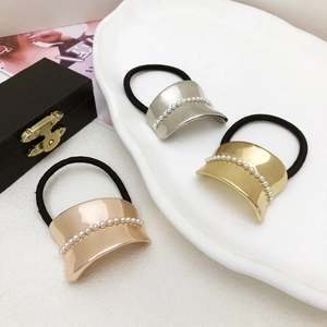Elegant Elastic Hair Ties With Alloy Arc Metal Plate And Faux Artificial Pearls Minimalist Hair Bands For Women Ponytail Holder