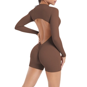 Brown long sleeve cutout back romper with scrunch butt lifting effect for yoga
