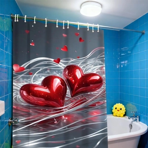 Waterproof waffle fabric shower curtain with red hearts and silver ribbon pattern