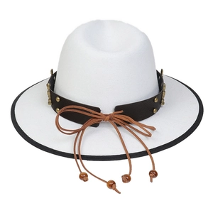 Detailed view of white felt fedora hat featuring a brown leather band and rustic beads