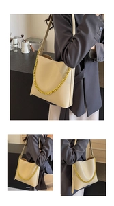 Three-way view of beige faux leather shoulder bag with decorative chunky gold chain
