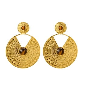 Vintage bohemian gold mandala earrings with natural brown tiger eye stone inlay