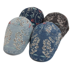Vintage floral washed denim flat caps in four colors with retro printed patterns