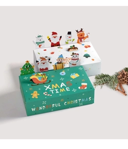 Close-up of white and green Christmas gift boxes with 3D cartoon cards and pine cones