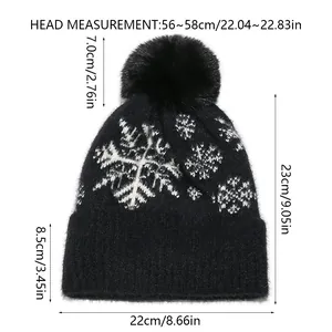 Detailed size chart for winter knit snowflake hat with pompom and folded cuff