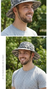 Detail view of digital camo boonie hat featuring metal eyelets and adjustable chin strap