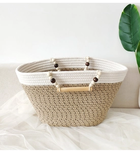 Detail of hand-woven cotton rope tote bag with wooden bead handle and brown accents