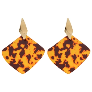 Vintage gold diamond studs with tortoiseshell leopard print resin drops on white background