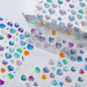 3D holographic heart nail art stickers with aurora marble patterns and metallic stars