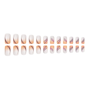 24pcs medium long square press-on nails with luxury gold lines and gradient orange art