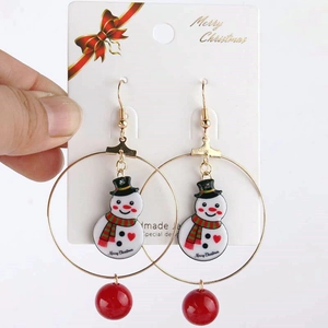 Detail of Christmas snowman pendant earrings with gold hoops and red beads on a card