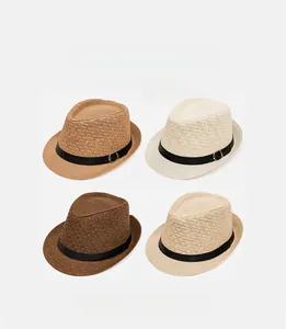 Detail view of woven fedora hats in khaki, white, coffee, and beige with metal buckles