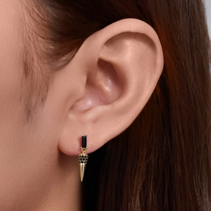 S925 silver gold-plated cone drop earrings with black zircon stones on female model
