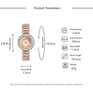 Detailed product dimensions and specifications for the rhinestone quartz bracelet watch