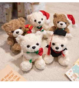 Detailed view of plush teddy bears in graduation, Christmas, and rose themes