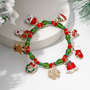 Christmas Beaded Bracelet With Enamel Alloy Santa Elk Pendants Crystal Glass Beads Holiday Party Jewelry Women